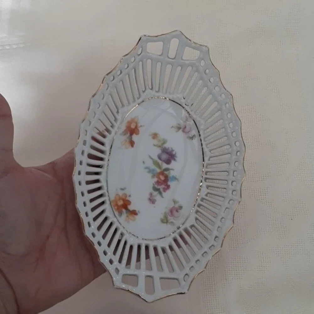 vintage Reticulated Floral dish ceramic bowl cottagecore serveware candy soap